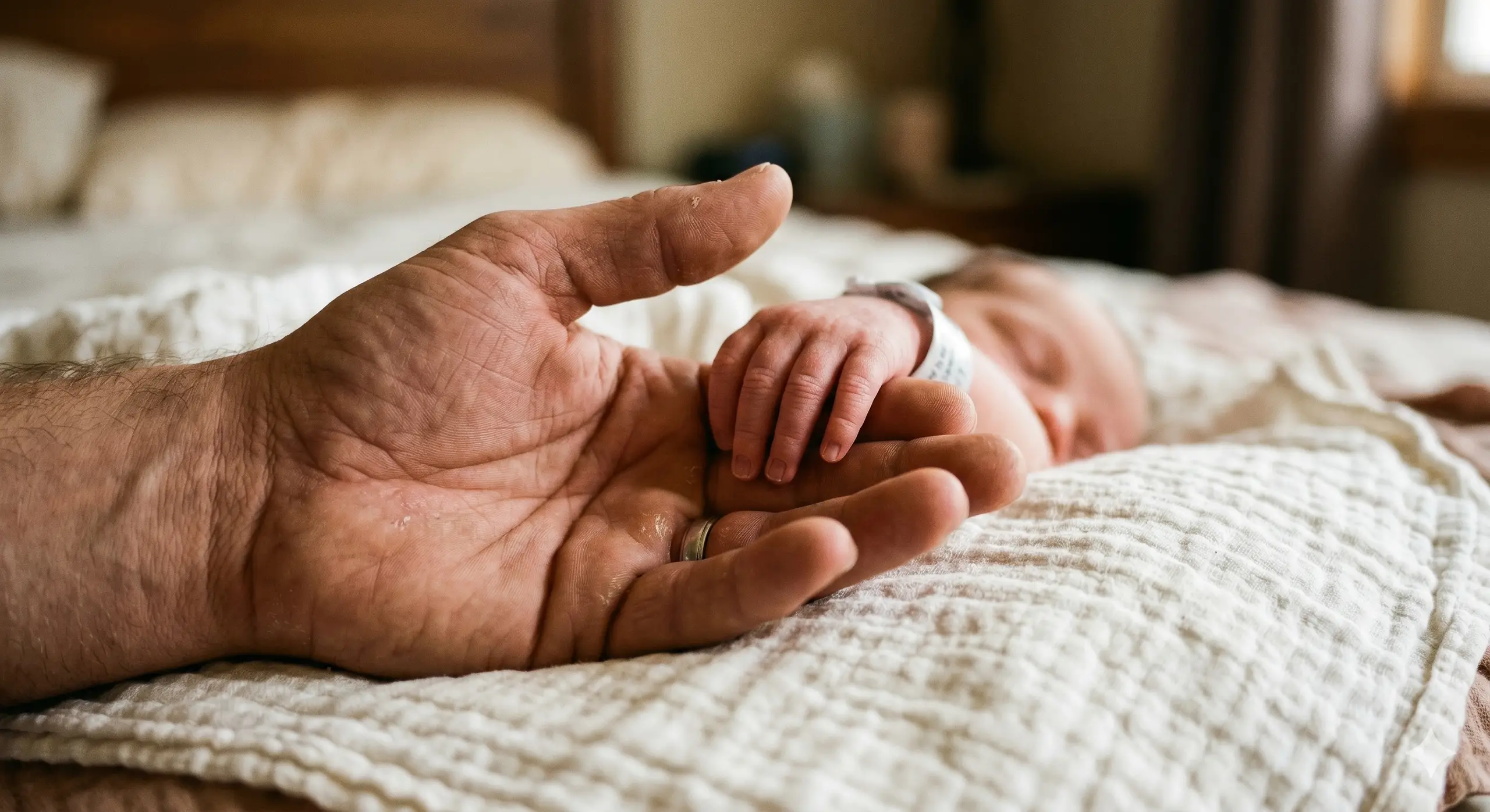 A newborn's tiny hand resting in an adult's open palm